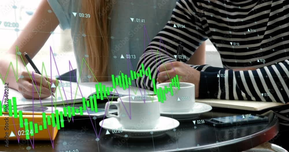 Poster animation of financial data processing over diverse students taking notes in cafe