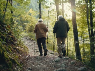 Obraz premium Senior couple hiking in forest using hiking poles