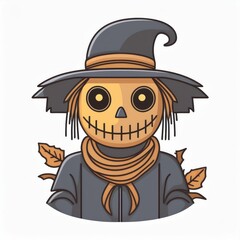 Whimsical Pumpkin Headed Scarecrow with Wide Brimmed Hat and Stitched Smile, Embracing Autumn Halloween Vibes with a Rustic Look and Fall Leaves, in a Cute and Playful Vector Cartoon Style