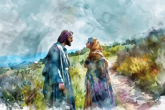 Jesus meeting his mother on the way to Calvary, a digital watercolor painting capturing their emotional encounter
