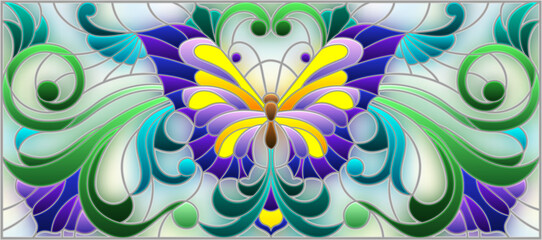 Illustration in stained glass style with bright butterfly and floral ornament on a light background