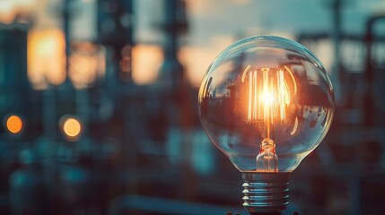 lightbulb with filament close up, focus on, copy space Vivid tones, Double exposure silhouette with industrial scene
