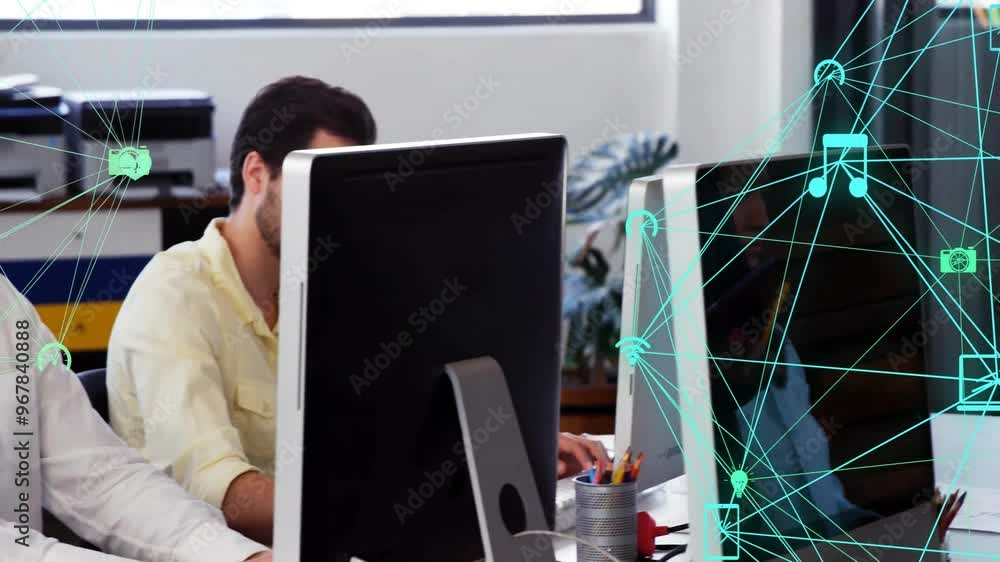 Poster animation of network of connections with icons over diverse colleagues using computer in office