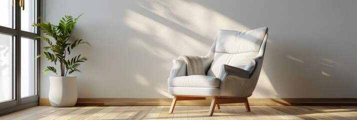 Comfortable armchair in a bright living room with sunlight streaming through the window.