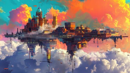 Fototapeta premium A vibrant, fantastical cityscape floats amidst colorful clouds, showcasing a breathtaking, surreal dreamlike world.