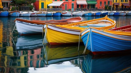 Obraz premium Colorful boats docked in a serene harbor reflecting vibrant buildings.