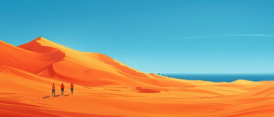 Minimalist vector flat illustration of people walking on the desert, sand dunes, and ocean in the background, with simple shapes, simple lines, and no shadows.