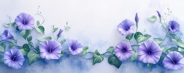 A beautiful illustration of purple flowers, elegantly arranged with delicate green leaves, perfect for a serene and calming atmosphere.