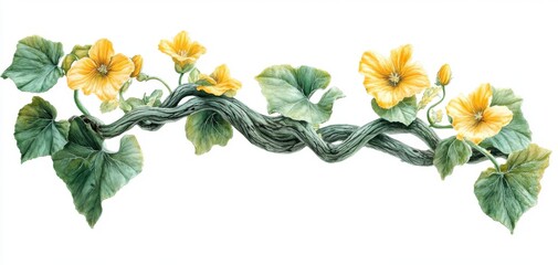 Fototapeta premium A beautiful vine with vibrant yellow flowers and lush green leaves, perfect for botanical and nature-inspired designs.