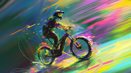 Digital art of an electric bike with psychedelic colors, featuring a monkey riding the bike in motion, creating an energetic and dynamic scene. 