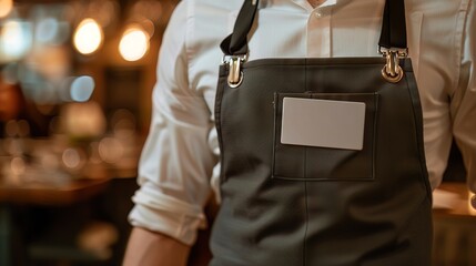 Macro image of a name tag on a waitstaff uniform, revealing the identity and pride in their role, perfect for highlighting individual contributions