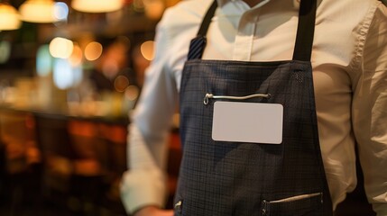 Macro image of a name tag on a waitstaff uniform, revealing the identity and pride in their role, perfect for highlighting individual contributions