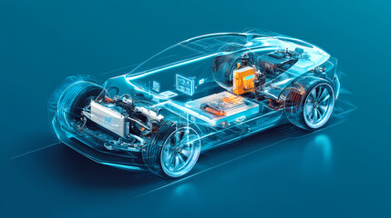 Electric car technical cutaway with all main details of ev system. Futuristic Vehicle. Illustration