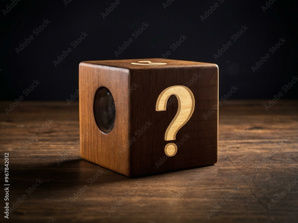 Poster a wooden cube block with a magnifying glass examining a question mark, symbolizing problem-solving a