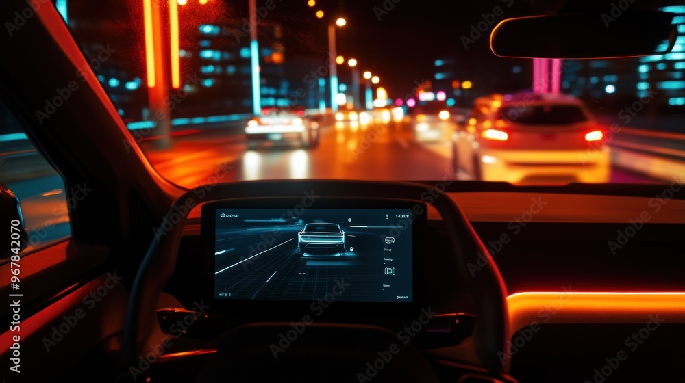 Poster Nighttime View from Inside a Car with a Digital Dashboard Displaying an Autonomous Driving System
