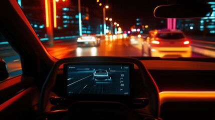 Fototapeta premium Nighttime View from Inside a Car with a Digital Dashboard Displaying an Autonomous Driving System