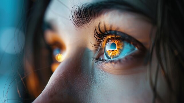 Macro shot of eyes reflecting a computer screen, highlighting the digital ages impact on human connection and isolation