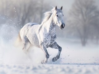Majestic snow horse, mane flowing in the icy wind, galloping across a snowy field, copy space on the right
