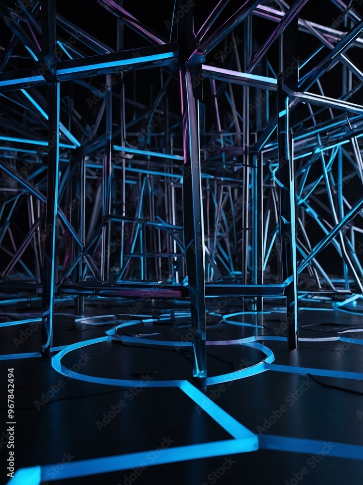 Poster abstract d geometric structure with glowing blue lines and points.