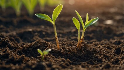 A young plant sprouting in rich soil under the soft morning sun.