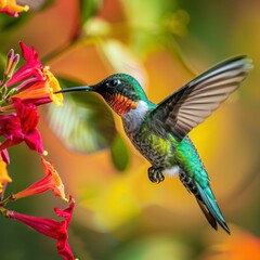 A vibrant hummingbird hovers mid-air, its long beak dipping into a bright orange flower.