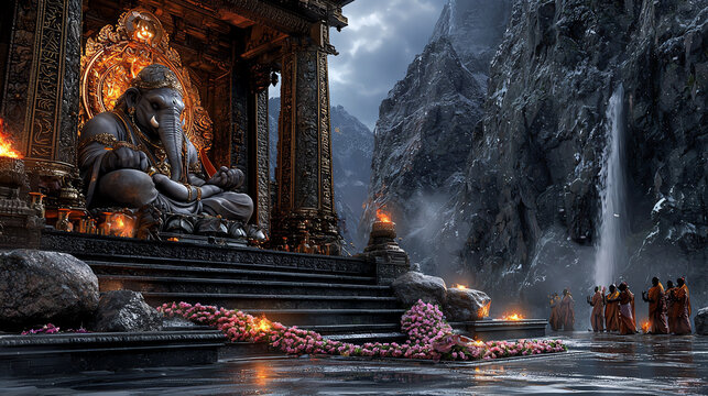 A serene temple scene featuring a majestic statue, surrounded by mountains and devoted worshippers in tranquil waters.