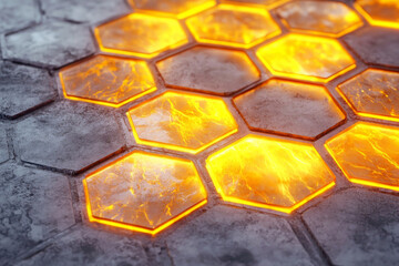 Neon hexagons with a glossy marble texture, glowing in warm hues of yellow and orange, spread across a smooth concrete background for an industrial yet futuristic look.