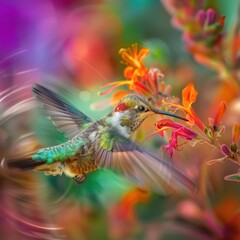 Obraz premium A vibrant hummingbird in flight, feeding on a bright orange flower, surrounded by a colorful, swirling background.