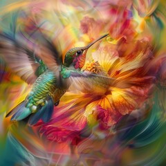 A vibrant hummingbird hovers near a blooming flower, surrounded by swirling colors.