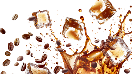Iced coffee splash with ice cubes and coffee beans bouncing in the air, creating a dynamic and energetic scene, isolated on a white background