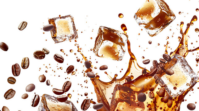 Iced coffee splash with ice cubes and coffee beans bouncing in the air, creating a dynamic and energetic scene, isolated on a white background