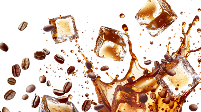 Iced coffee splash with ice cubes and coffee beans bouncing in the air, creating a dynamic and energetic scene, isolated on a white background