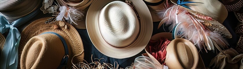 Milliner shaping hats, surrounded by feathers and fabrics, in a workshop of elegance and style