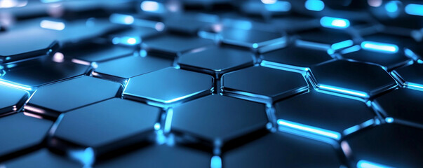 Obraz premium Neon hexagons with a metallic, brushed steel finish, glowing in bright blue and white, set against a deep charcoal background with soft reflections.