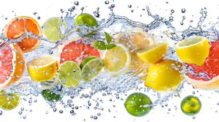 Citrus fruits, including lemons, limes, and grapefruits, falling into a splash of water, with droplets flying in all directions, isolated on a white background
