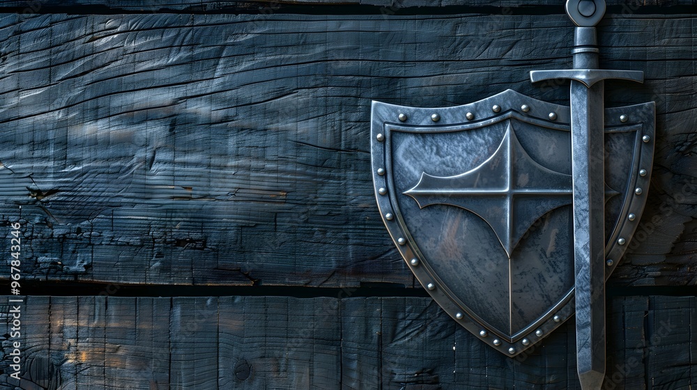Poster secure email icon with shield and sword symbolizing protection and defense