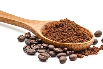 Pile of powdered, instant coffee and beans in wooden spoon isolated on white