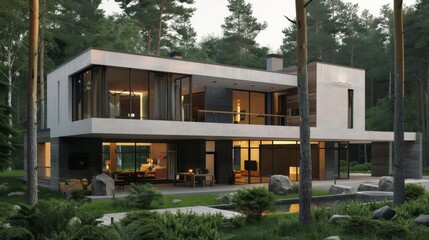 Fototapeta premium Modern two-story house with large windows and a spacious backyard.