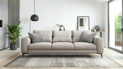 Modern living room interior featuring a stylish sofa, created with 3D rendering
