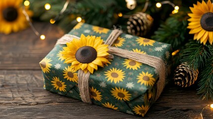 Christmas gifts wrapped in sunflower-print paper, under a tree decorated with sunflower ornaments and golden lights
