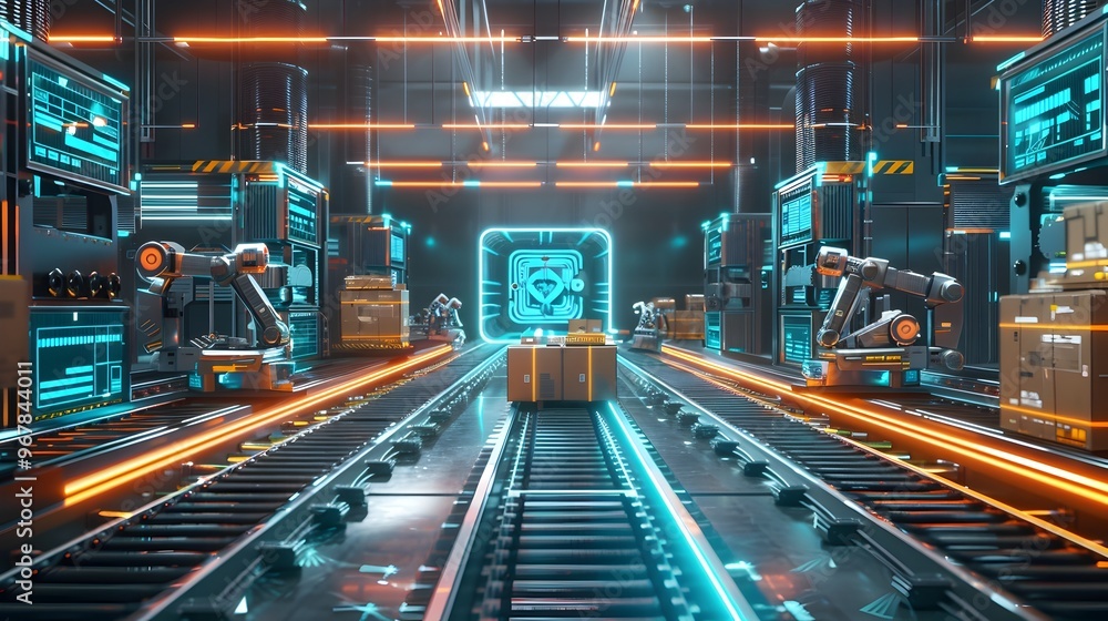 Aufkleber futuristic logistics warehouse with automated robots sorting packages on high tech conveyor belts