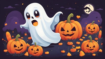 Halloween, cartoon style, friendly ghost, pumpkin patch, candy corn, bright colors perfect for Halloween