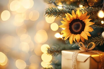 Christmas tree glowing with sunflower ornaments and twinkling lights, golden presents wrapped underneath, cozy holiday scene