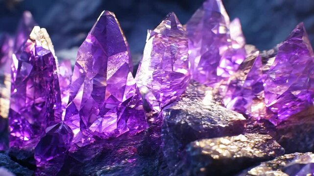 close up purple magic crystal glowing in cave