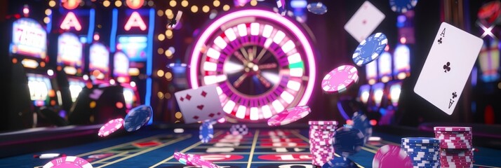 Neon casino backdrop with falling poker chips and cards