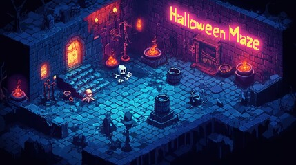 Obraz premium Spooky Maze Entrance Lit by Glowing Halloween Pumpkins