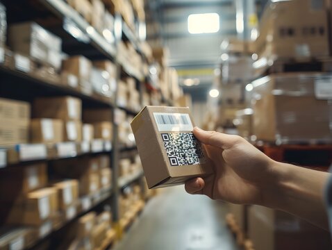 Scanning QR Code on Package with Real Time Tracking Data Overlay in Logistics Warehouse