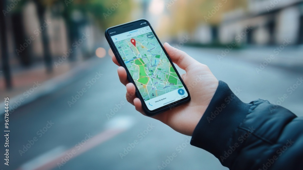 Poster A Hand Holding a Smartphone Displaying a Map App