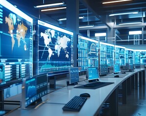 High Tech Logistics Command Center with Live Data Screens and Tracking Systems for Efficient Supply Chain Management