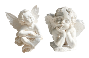 Set of photorealistic images of angel figurines. Isolated clipart for collage, stickers, social media design, scrapbooking, greeting cards.